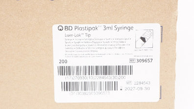 BD 309657 Plastipak Luer-Lok Tip, Syringe 3ml - Box of 200